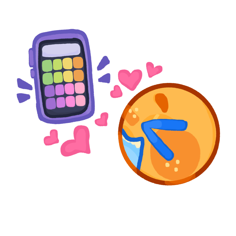 a drawing of a yellow persons head with an excited expression. above the yellow persons head there is a phone with a purple case and a AAC board on the screen. There are pink hearts surrounding the phone.